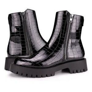 ISOMEI Woman's Black Crocodile Ankle Boots Platform Chunky Heel Combat Boots 7.5